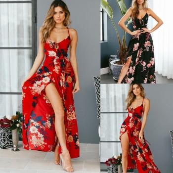 V Neck Spaghetti Straps Floral Printed Dresses Lace up Backless Slit Side Long Maxi Dress Black Red Burgundy